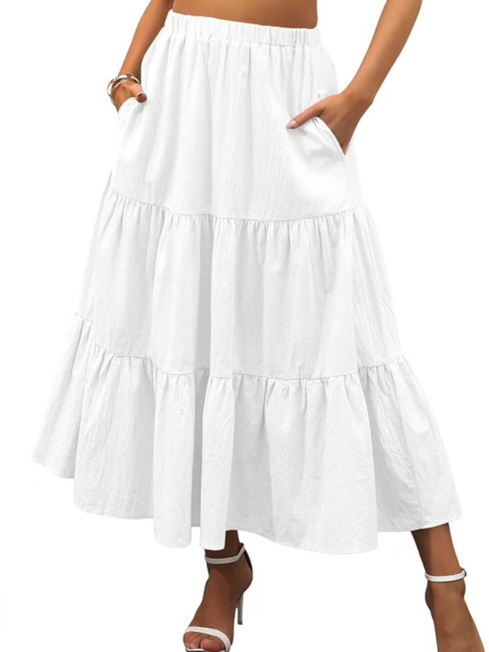 ANRABESS Womenโs Summer White Flowy Boho Maxi Skirts with Pockets, Size Medium